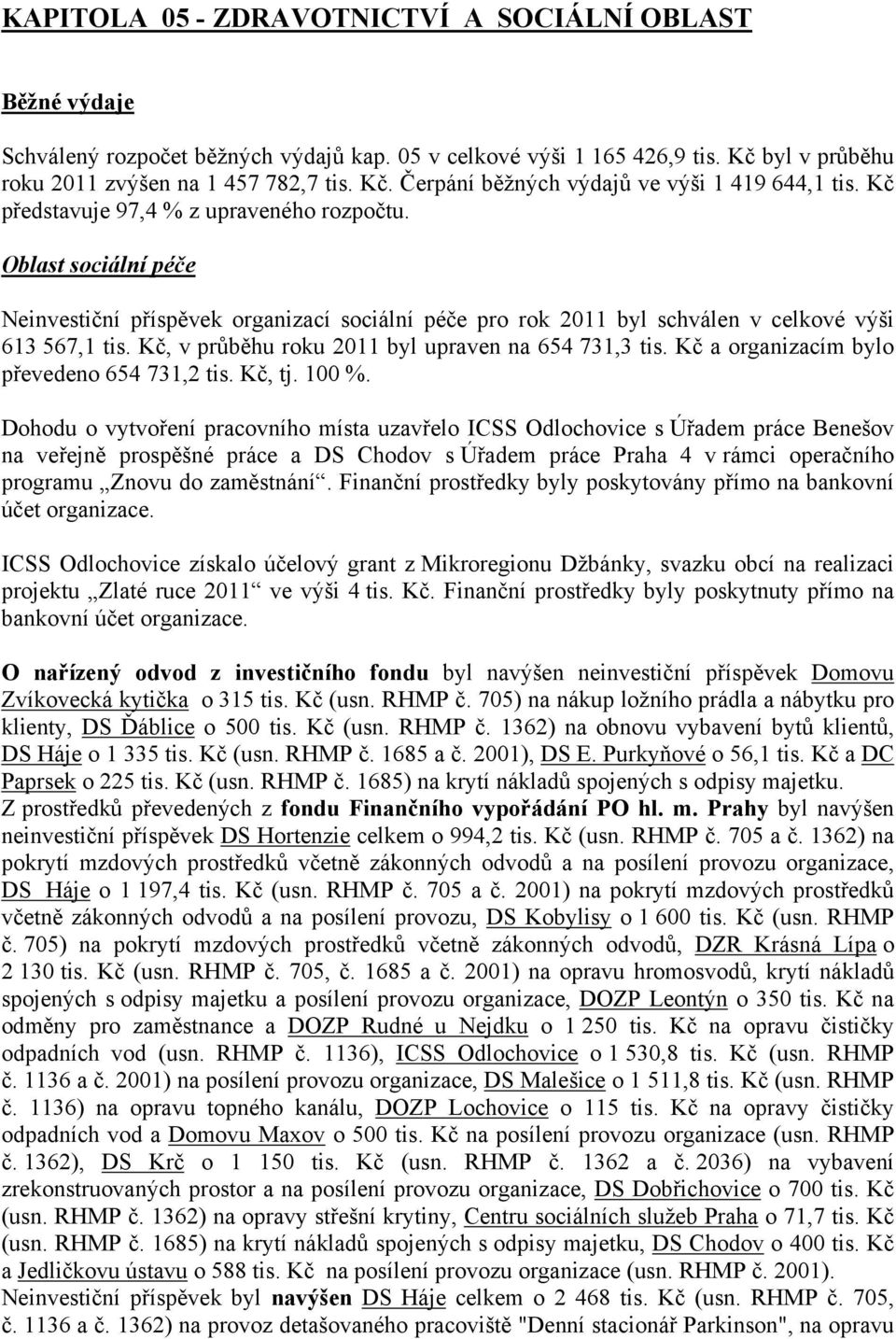 Kč, v průběhu roku 2011 byl upraven na 654 731,3 tis. Kč a organizacím bylo převedeno 654 731,2 tis. Kč, tj. 100 %.