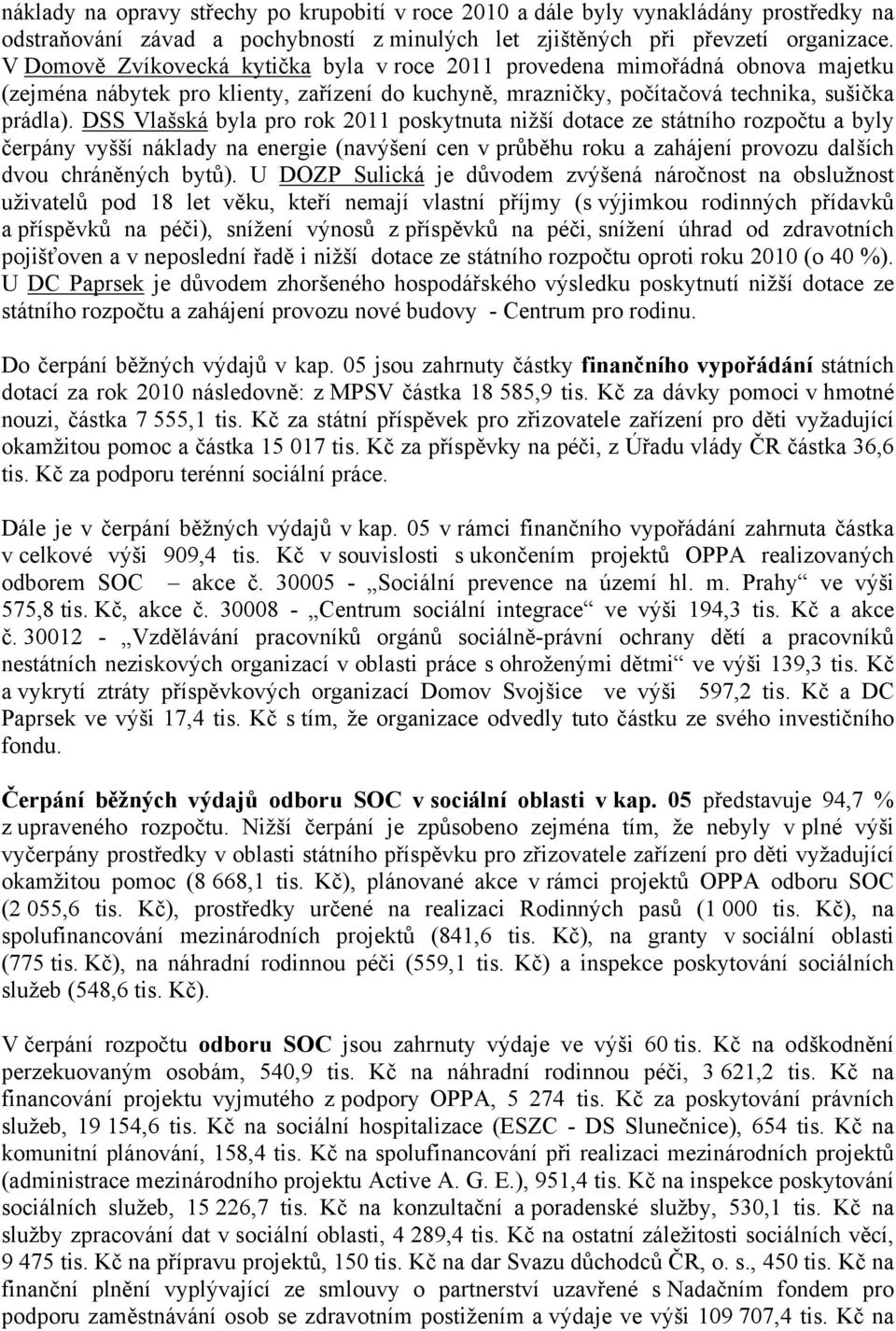 DSS Vlašská byla pro rok 2011 poskytnuta nižší dotace ze státního rozpočtu a byly čerpány vyšší náklady na energie (navýšení cen v průběhu roku a zahájení provozu dalších dvou chráněných bytů).