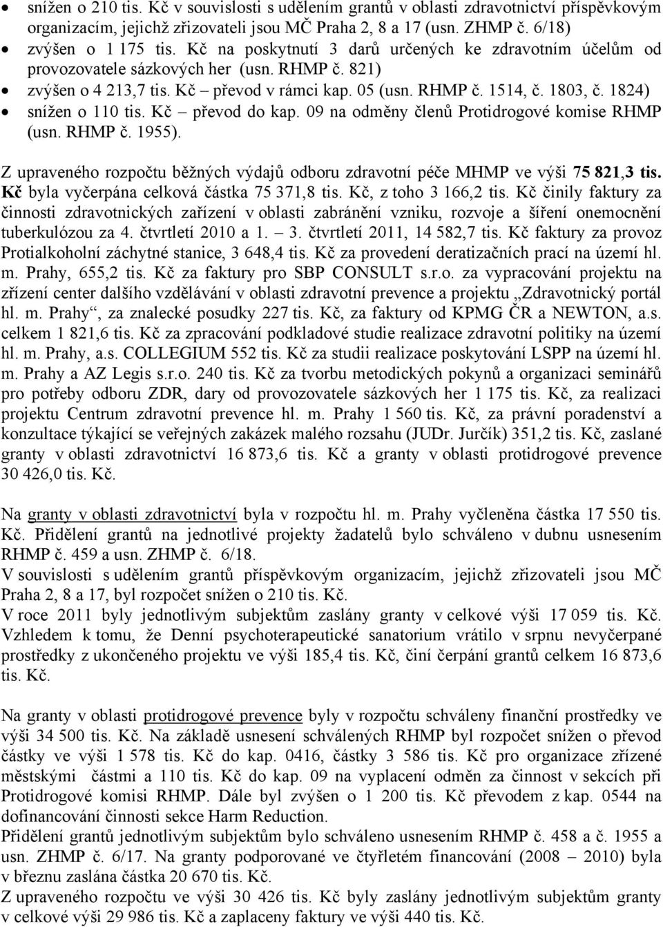1824) snížen o 110 tis. Kč převod do kap. 09 na odměny členů Protidrogové komise RHMP (usn. RHMP č. 1955). Z upraveného rozpočtu běžných výdajů odboru zdravotní péče MHMP ve výši 75 821,3 tis.