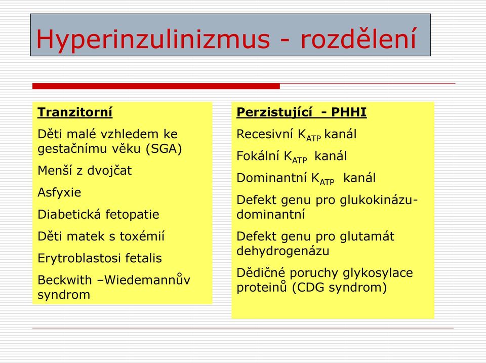 Perzistující - PHHI Recesivní K ATP kanál Fokální K ATP kanál Dominantní K ATP kanál Defekt genu pro