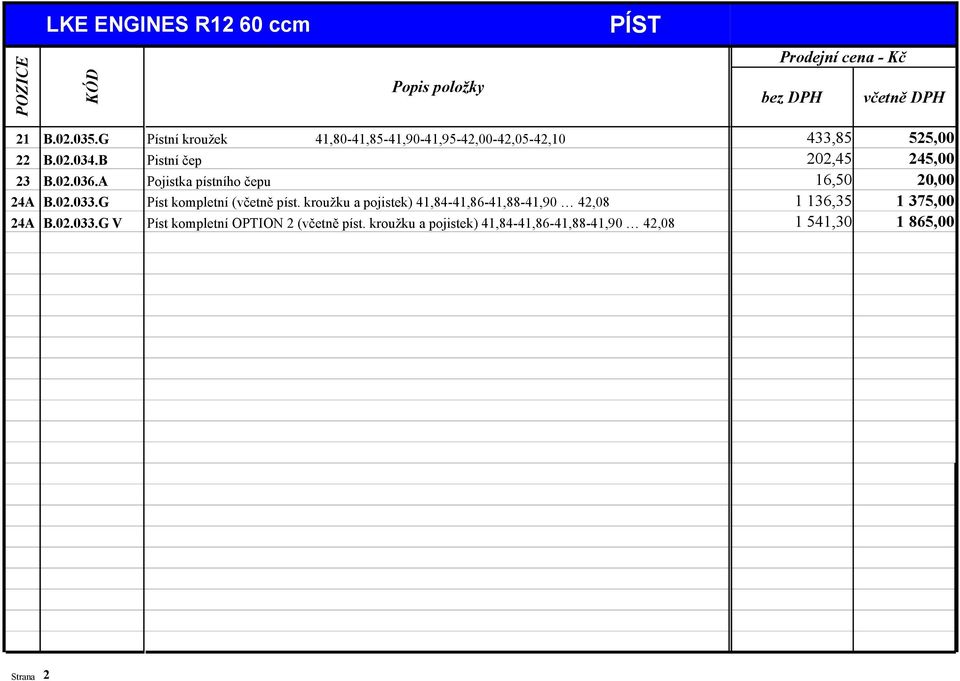 G V Strana 2 Popis položky Pístní kroužek 41,80-41,85-41,90-41,95-42,00-42,05-42,10 Pistní čep Pojistka pístního čepu