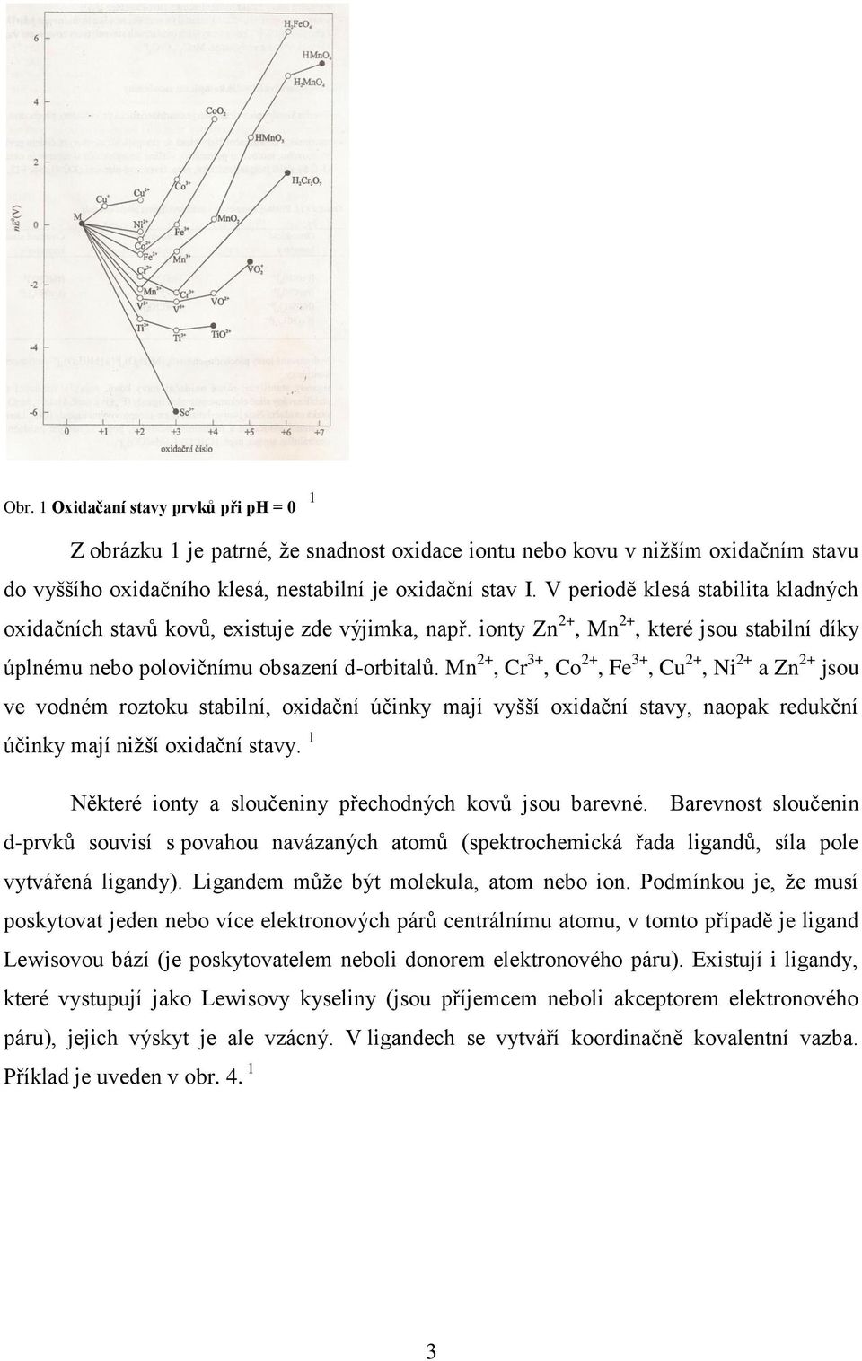 Mn 2+, Cr 3+, Co 2+, Fe 3+, Cu 2+, Ni 2+ a Zn 2+ jsou ve vodném roztoku stabilní, oxidační účinky mají vyšší oxidační stavy, naopak redukční účinky mají nižší oxidační stavy.