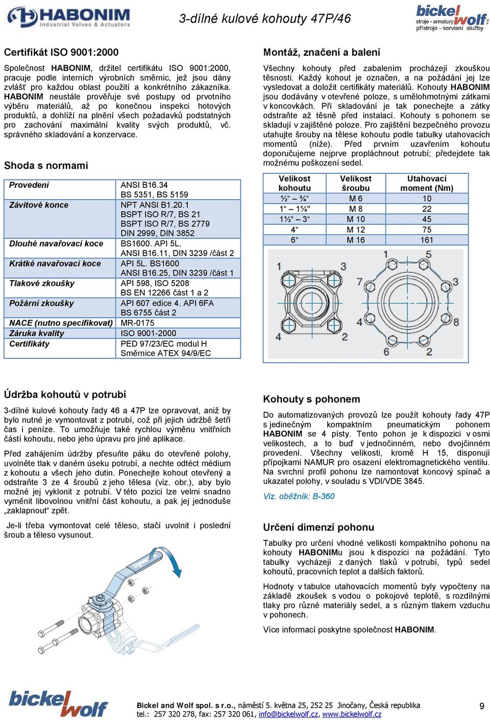 produktů, vč. správného skladování a konzervace. Shoda s normami Provedení ANSI B16.34 BS 5351, BS 5159 Závitové konce NPT ANSI B1.20.