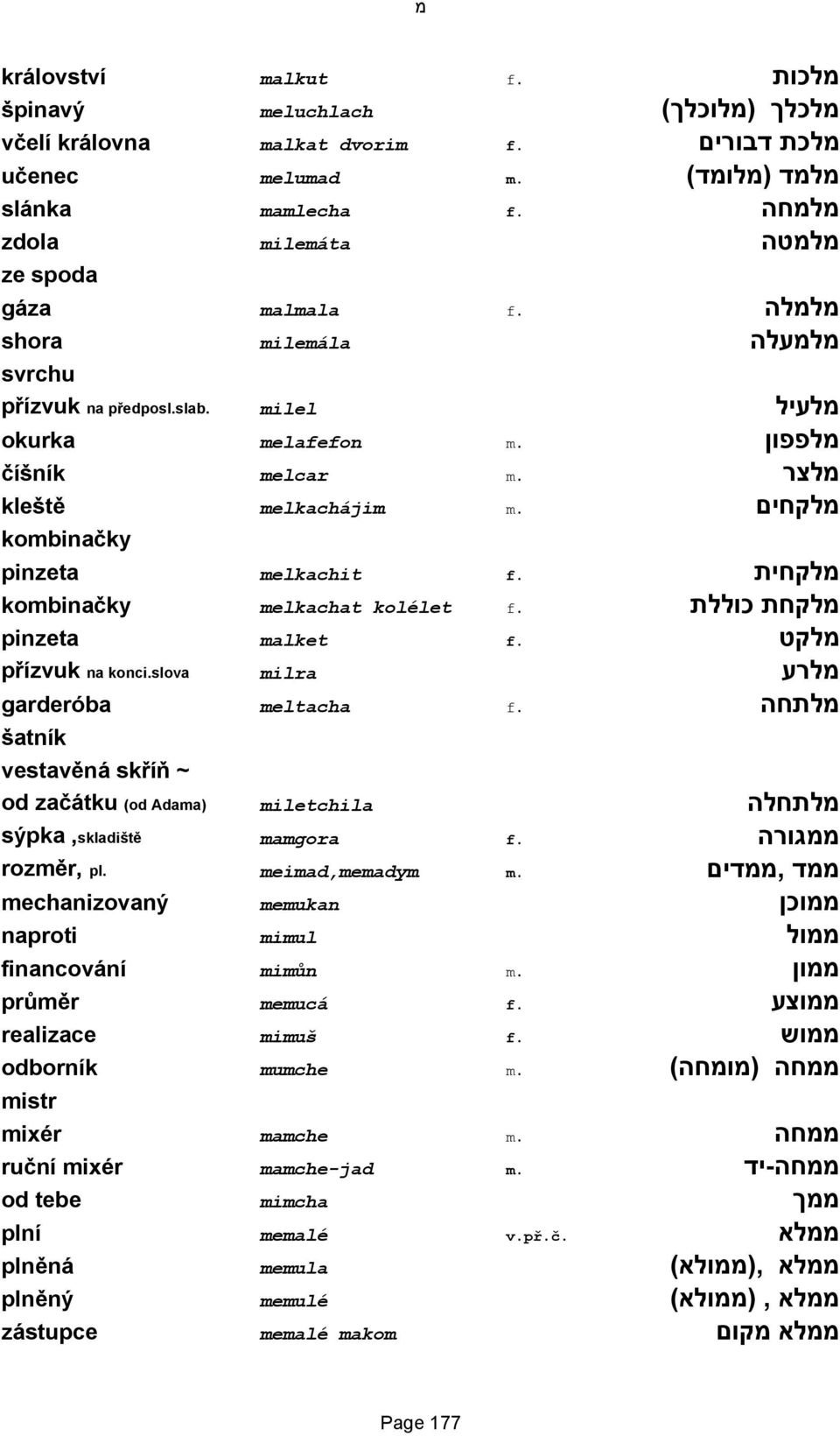 מלקחים kombinačky pinzeta melkachit f. מלקחית kombinačky melkachat kolélet f. מלקחת כוללת pinzeta malket f. מלקט přízvuk na konci.slova milra מלרע garderóba meltacha f.