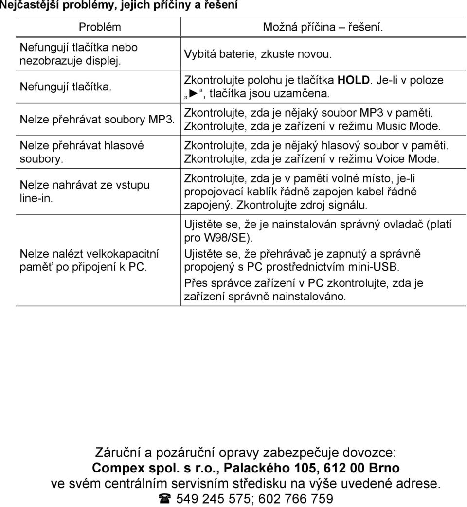 Je-li v poloze, tlačítka jsou uzamčena. Zkontrolujte, zda je nějaký soubor MP3 v paměti. Zkontrolujte, zda je zařízení v režimu Music Mode. Zkontrolujte, zda je nějaký hlasový soubor v paměti.