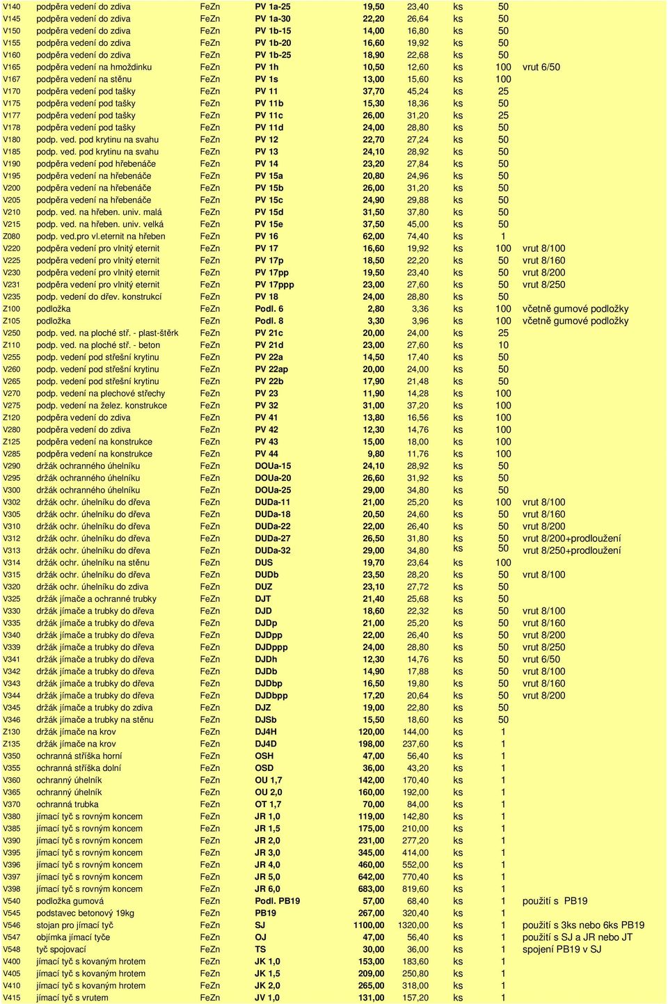 vedení na stěnu FeZn PV 1s 13,00 15,60 ks 100 V170 podpěra vedení pod tašky FeZn PV 11 37,70 45,24 ks 25 V175 podpěra vedení pod tašky FeZn PV 11b 15,30 18,36 ks 50 V177 podpěra vedení pod tašky FeZn