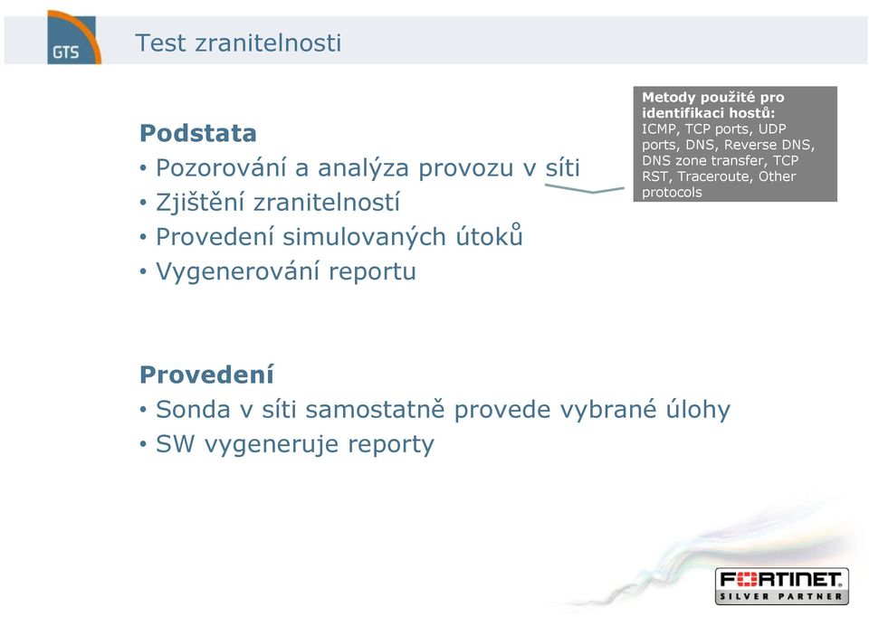 ICMP, TCP ports, UDP ports, DNS, Reverse DNS, DNS zone transfer, TCP RST, Traceroute,