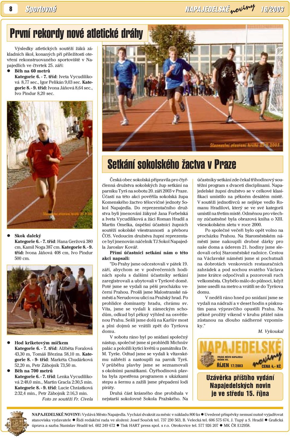Setkání sokolského žactva v Praze Skok daleký Kategorie 6. - 7. tříd: Hana Geržová 380 cm, Kamil Noga 387 cm. Kategorie 8. - 9. tříd: Ivona Jáňová 408 cm, Ivo Pindur 500 cm.