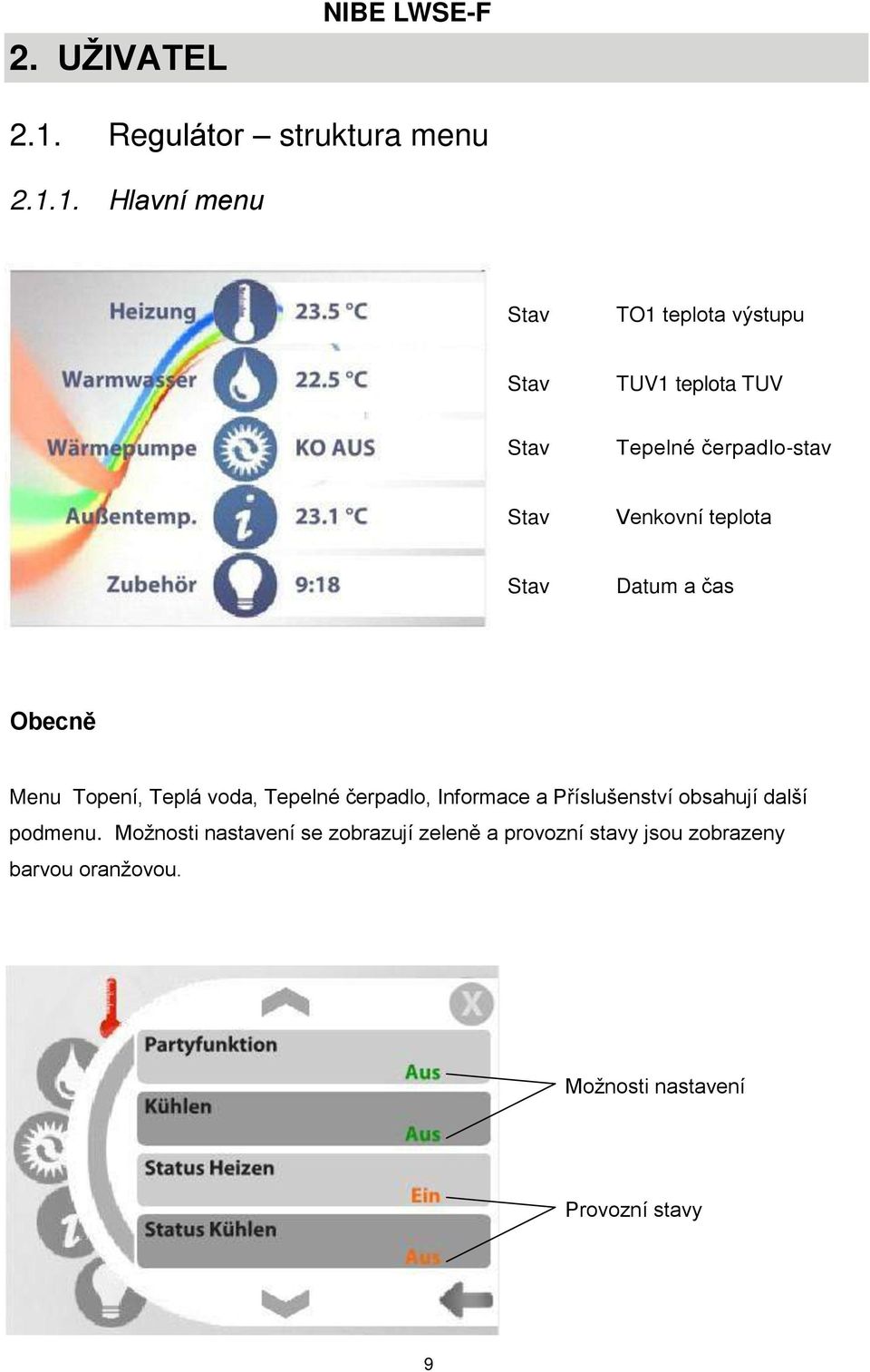 1. Hlavní menu Stav TO1 teplota výstupu Stav TUV1 teplota TUV Stav Tepelné čerpadlo-stav Stav Venkovní