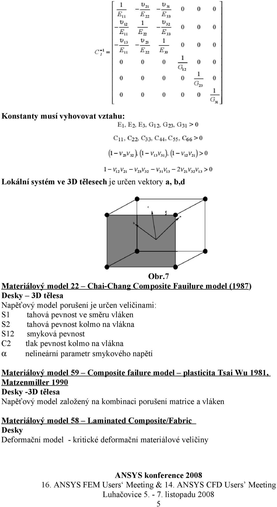 tahová pevnost kolmo na vlákna S12 smyková pevnost C2 tlak pevnost kolmo na vlákna α nelineární parametr smykového napětí Materiálový model 59 Composite failure