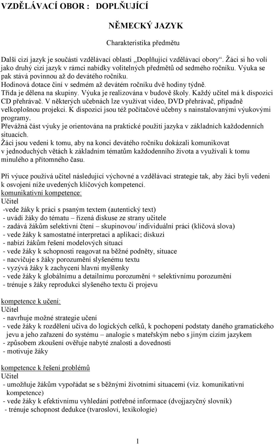 Hodinová dotace činí v sedmém aţ devátém ročníku dvě hodiny týdně. Třída je dělena na skupiny. Výuka je realizována v budově školy. Kaţdý učitel má k dispozici CD přehrávač.