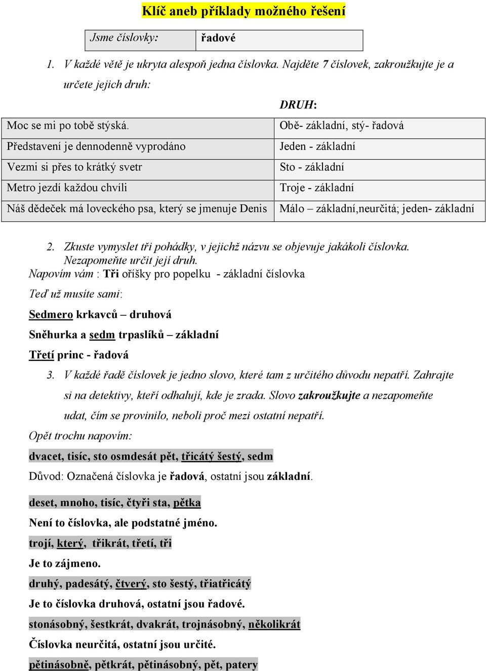 který se jmenuje Denis Málo základní,neurčitá; jeden- základní 2. Zkuste vymyslet tři pohádky, v jejichž názvu se objevuje jakákoli číslovka. Nezapomeňte určit její druh.
