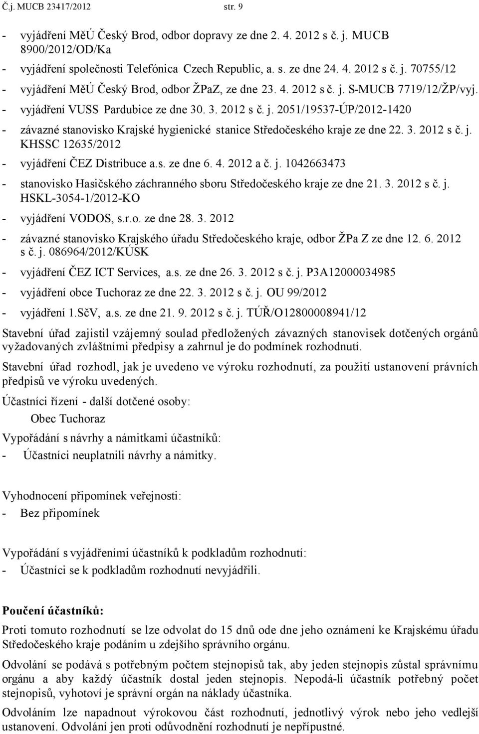 s. ze dne 6. 4. 2012 a č. j. 1042663473 - stanovisko Hasičského záchranného sboru Středočeského kraje ze dne 21. 3.