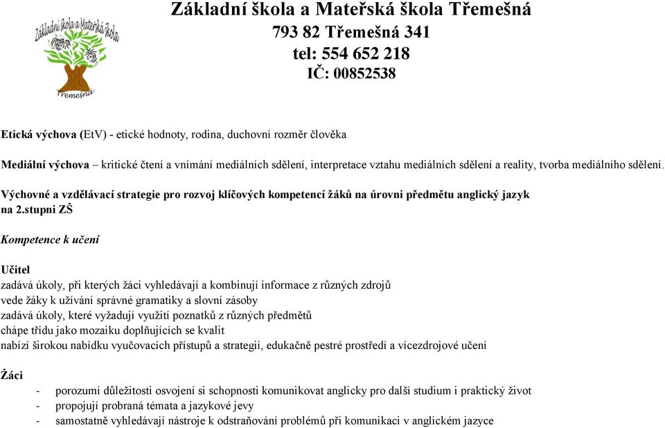 Výchovné a vzdělávací strategie pro rozvoj klíčových kompetencí ţáků na úrovni předmětu anglický jazyk na 2.