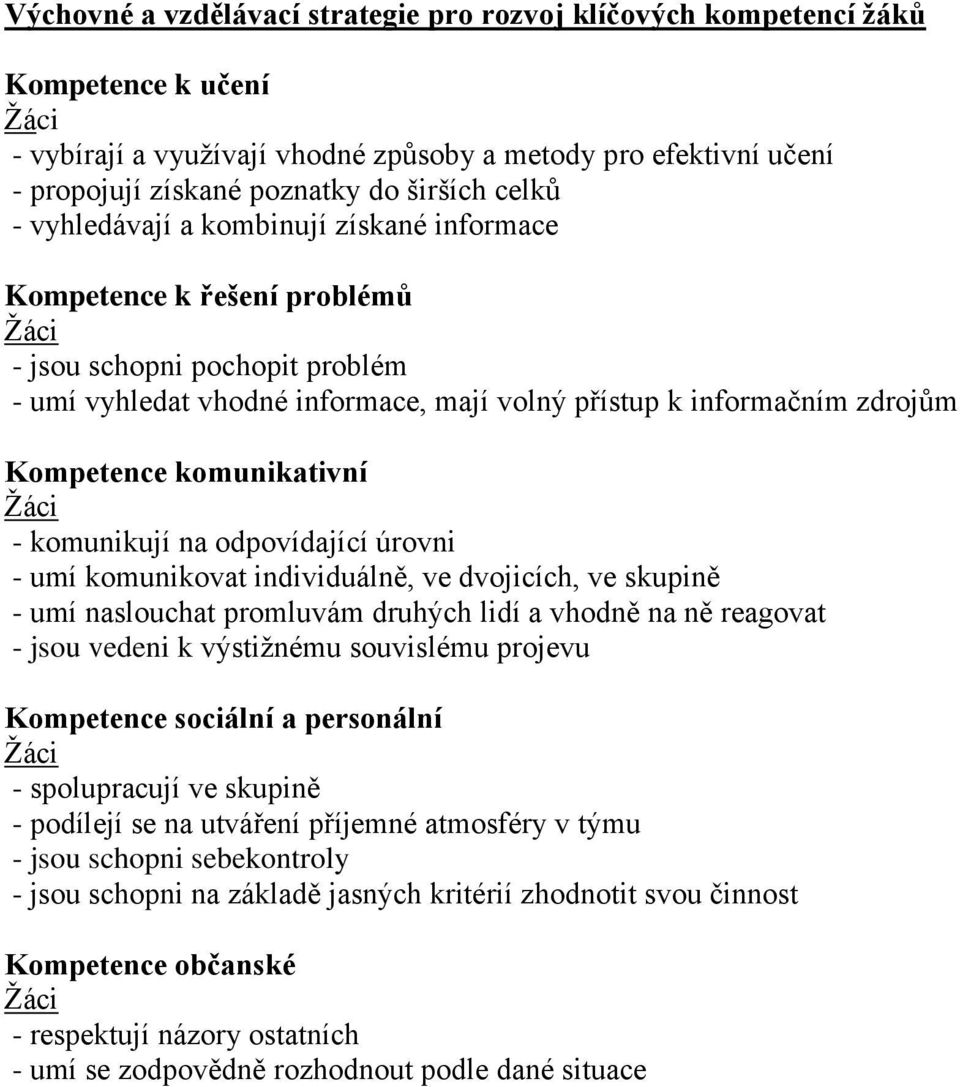 komunikativní - komunikují na odpovídající úrovni - umí komunikovat individuálně, ve dvojicích, ve skupině - umí naslouchat promluvám druhých lidí a vhodně na ně reagovat - jsou vedeni k výstižnému