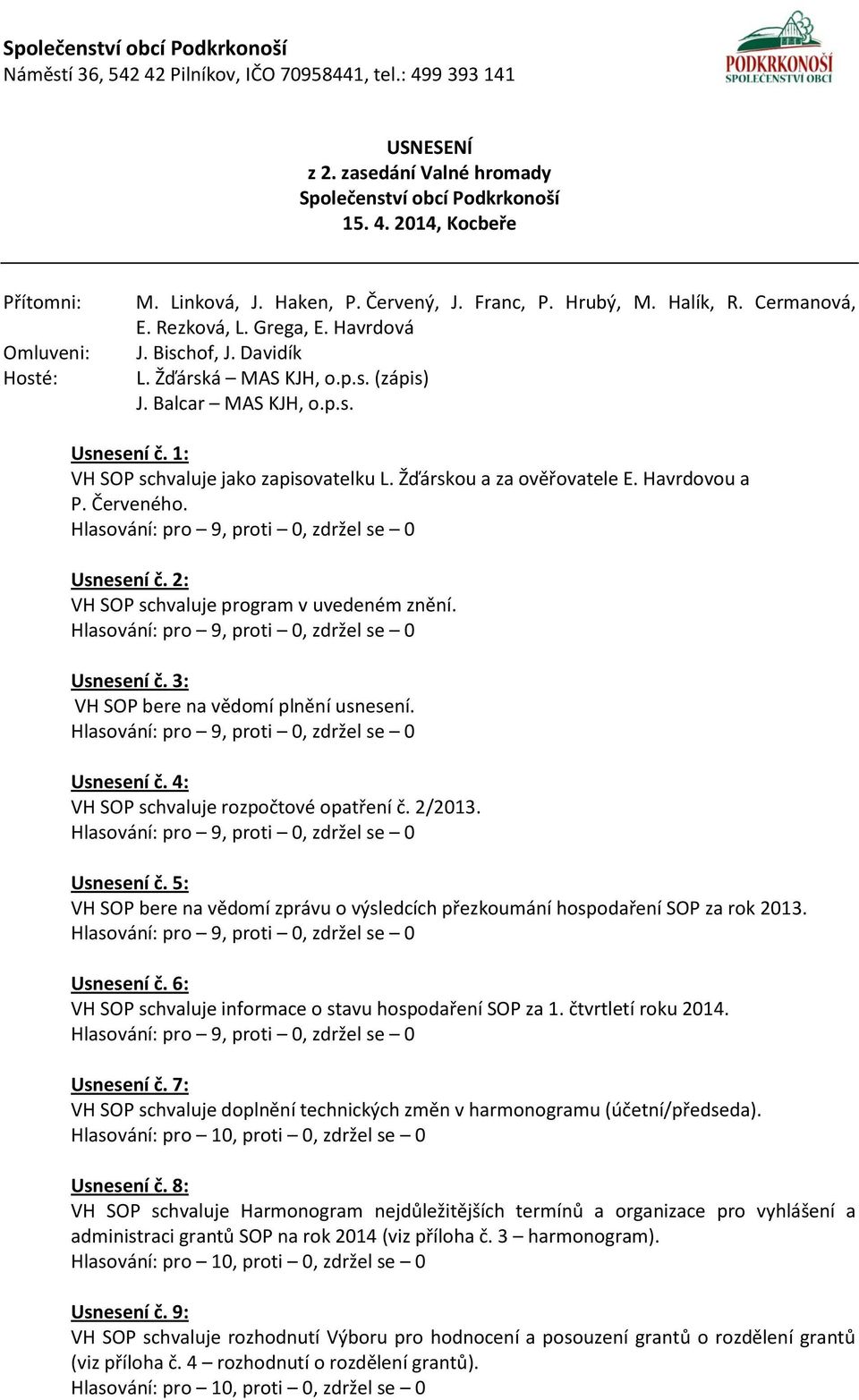 Havrdovou a P. Červeného. Usnesení č. 2: VH SOP schvaluje program v uvedeném znění. Usnesení č. 3: VH SOP bere na vědomí plnění usnesení. Usnesení č. 4: VH SOP schvaluje rozpočtové opatření č. 2/2013.