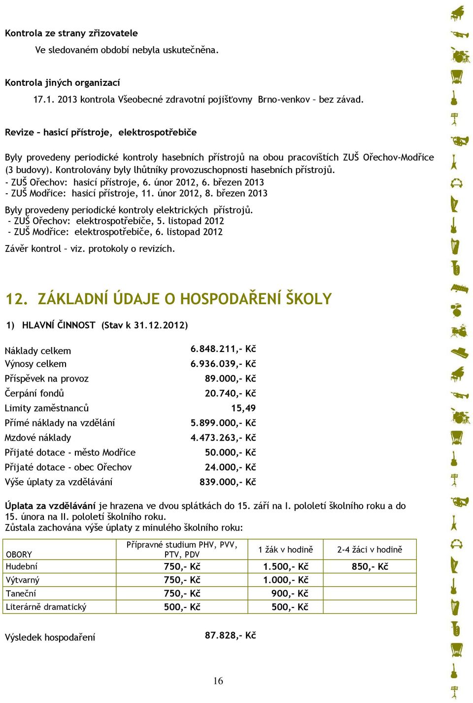 Kontrolovány byly lhůtníky provozuschopnosti hasebních přístrojů. - ZUŠ Ořechov: hasicí přístroje, 6. únor 2012, 6. březen 2013 - ZUŠ Modřice: hasicí přístroje, 11. únor 2012, 8.