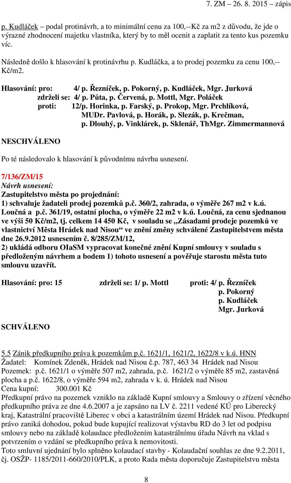 Červená, p. Mottl, Mgr. Poláček proti: 12/p. Horinka, p. Farský, p. Prokop, Mgr. Prchlíková, MUDr. Pavlová, p. Horák, p. Slezák, p. Krečman, p. Dlouhý, p. Vinklárek, p. Sklenář, ThMgr.