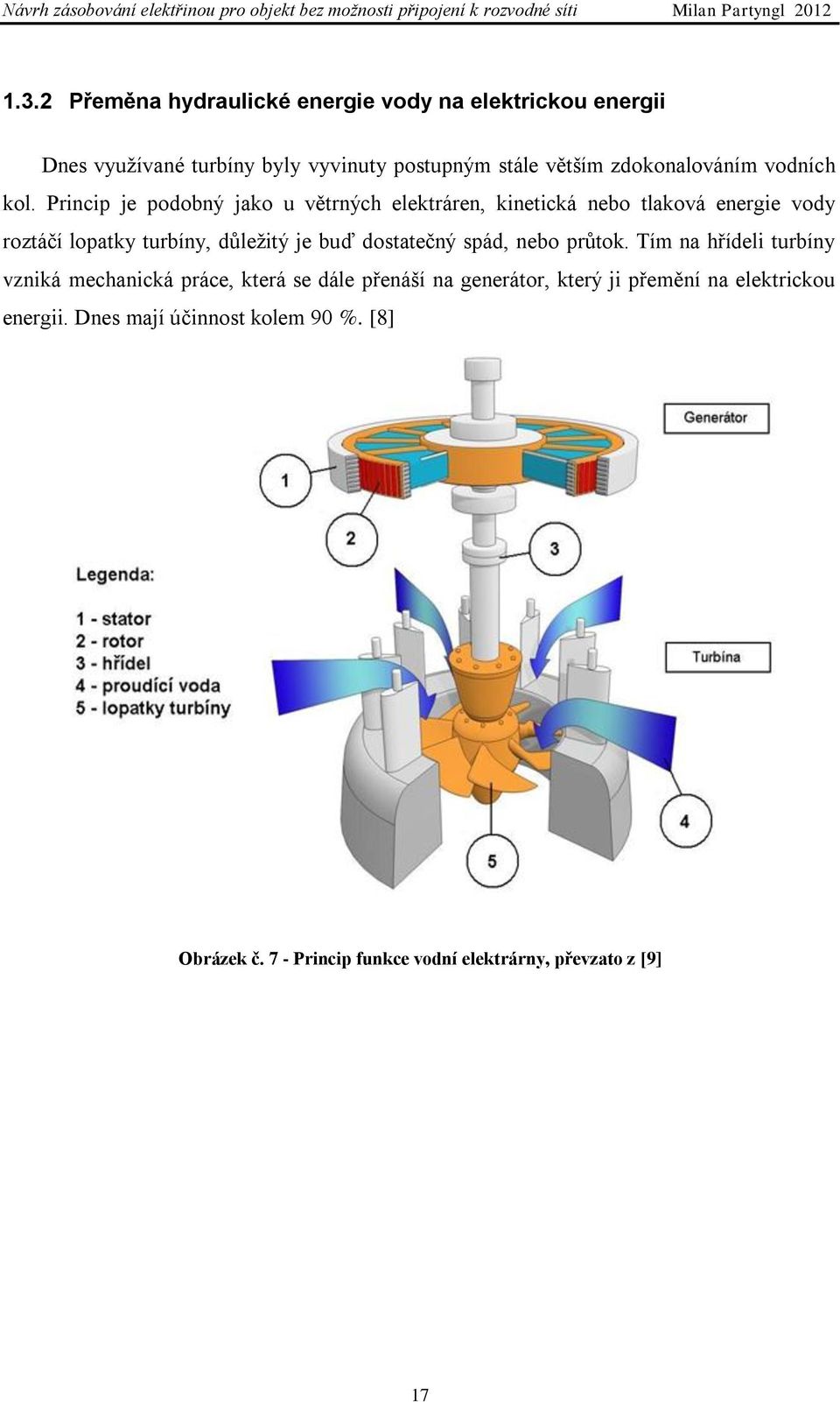 Princip je podobný jako u větrných elektráren, kinetická nebo tlaková energie vody roztáčí lopatky turbíny, důležitý je buď