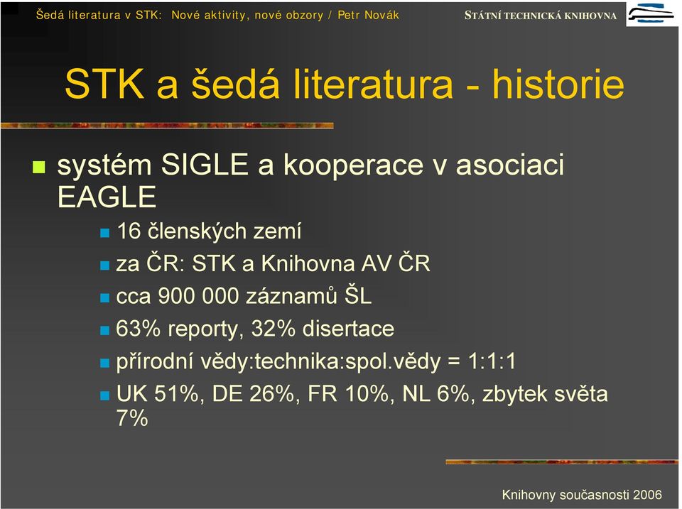 900 000 záznamů ŠL 63% reporty, 32% disertace přírodní