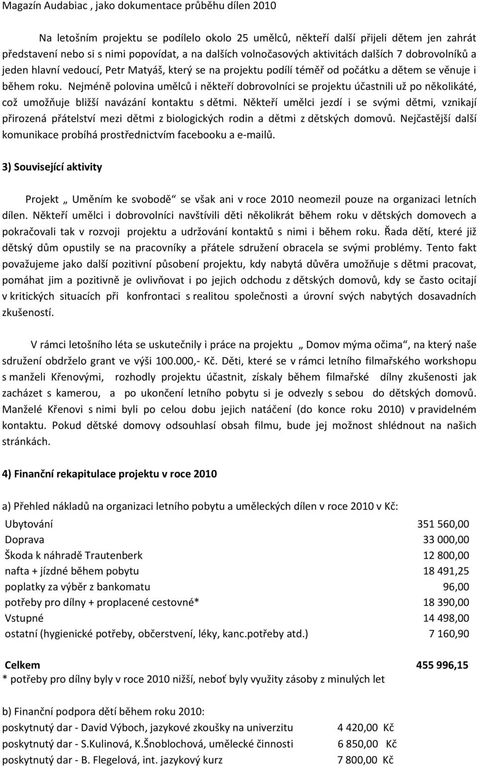 Nejméně polovina umělců i někteří dobrovolníci se projektu účastnili už po několikáté, což umožňuje bližší navázání kontaktu s dětmi.