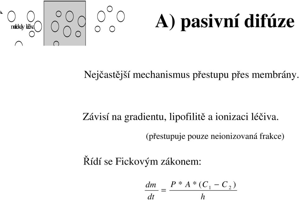 Závisí na gradientu, lipofilitě a ionizaci léčiva.