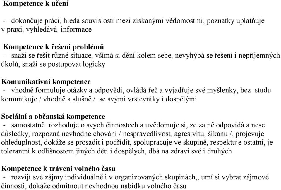 komunikuje / vhodně a slušně / se svými vrstevníky i dospělými Sociální a občanská kompetence - samostatně rozhoduje o svých činnostech a uvědomuje si, ze za ně odpovídá a nese důsledky, rozpozná