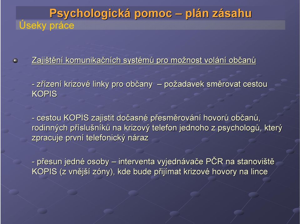 anů, rodinných příslup slušníků na krizový telefon jednoho z psychologů,, který zpracuje první telefonický nárazn - přesun