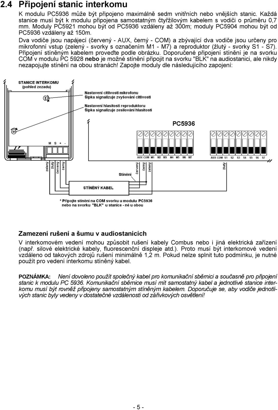 Moduly PC5921 mohou být od PC5936 vzdáleny až 300m; moduly PC5904 mohou být od PC5936 vzdáleny až 150m.