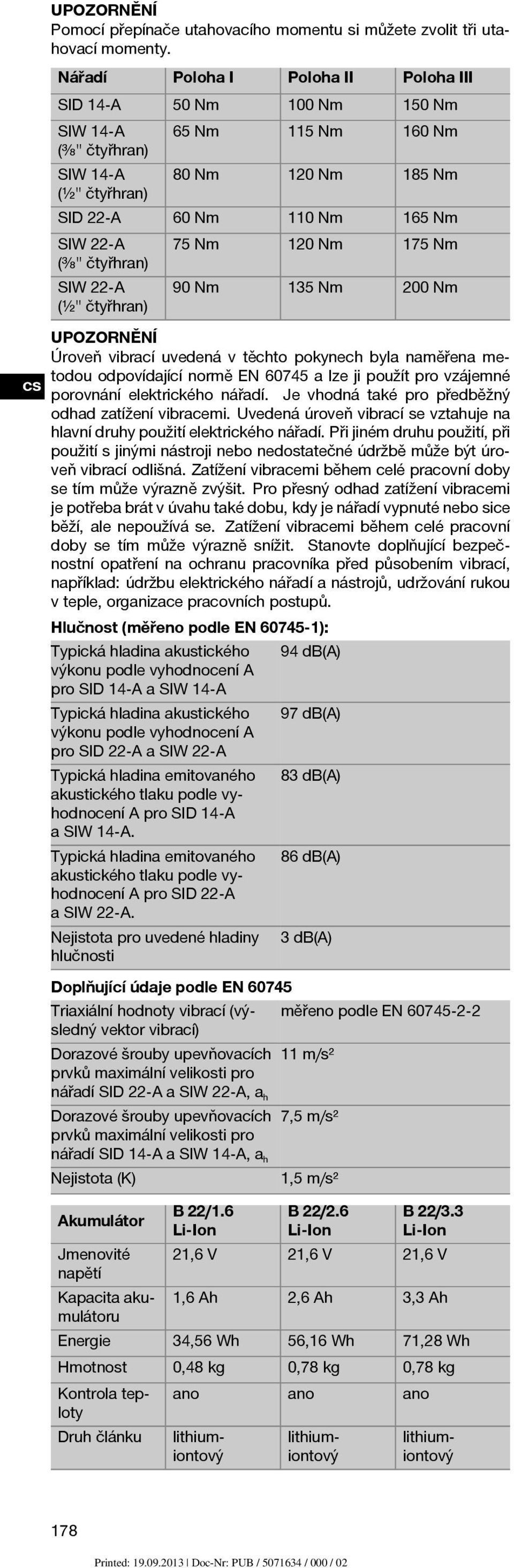 120 Nm 175 Nm (³ ₈" čtyřhran) SIW 22 A (½" čtyřhran) 90 Nm 135 Nm 200 Nm Úroveň vibrací uvedená v těchto pokynech byla naměřena metodou odpovídající normě EN 60745 a lze ji použít pro vzájemné