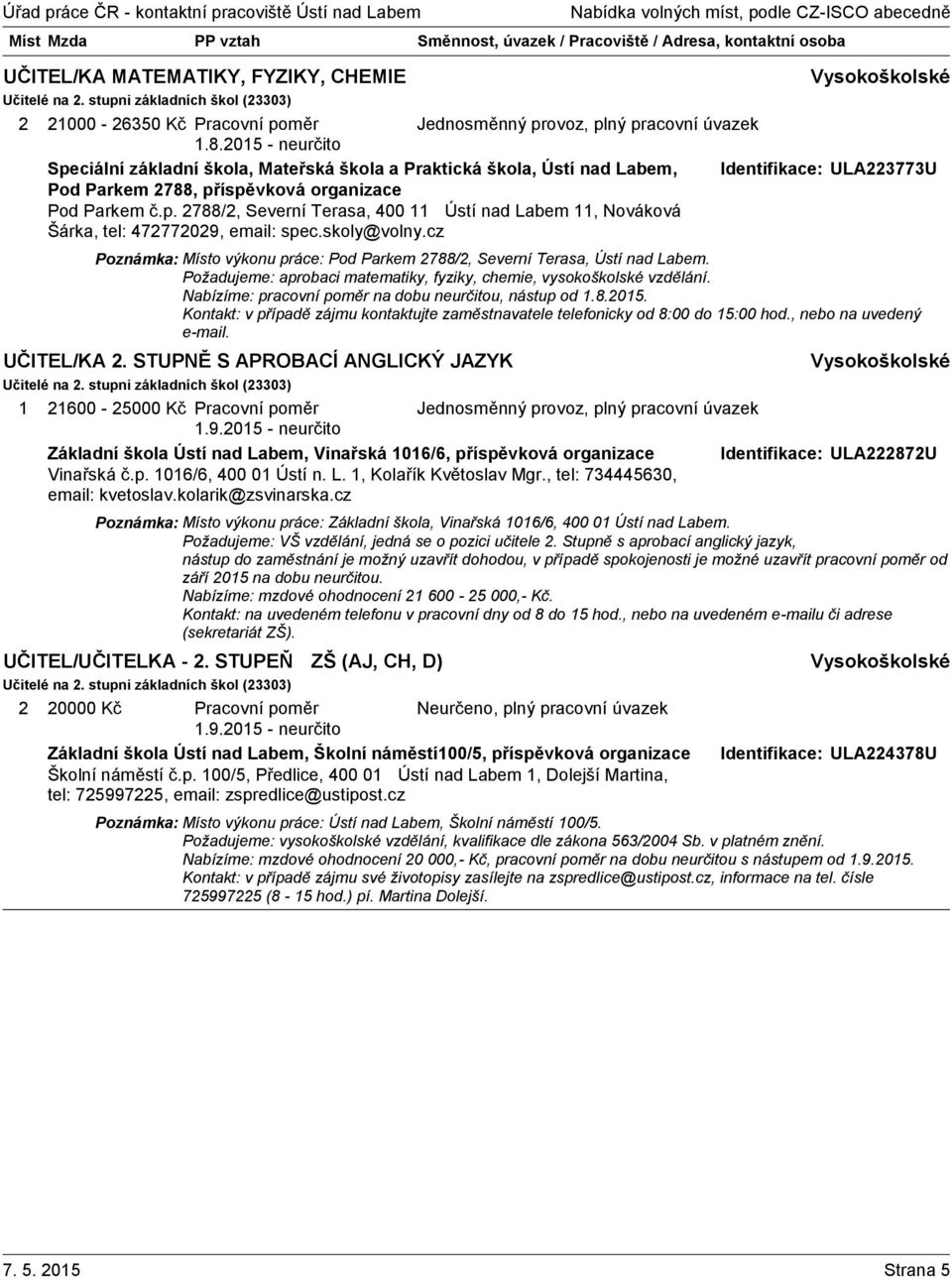 skoly@volny.cz Poznámka: Místo výkonu práce: Pod Parkem 2788/2, Severní Terasa, Ústí nad Labem. Požadujeme: aprobaci matematiky, fyziky, chemie, vysokoškolské vzdělání.