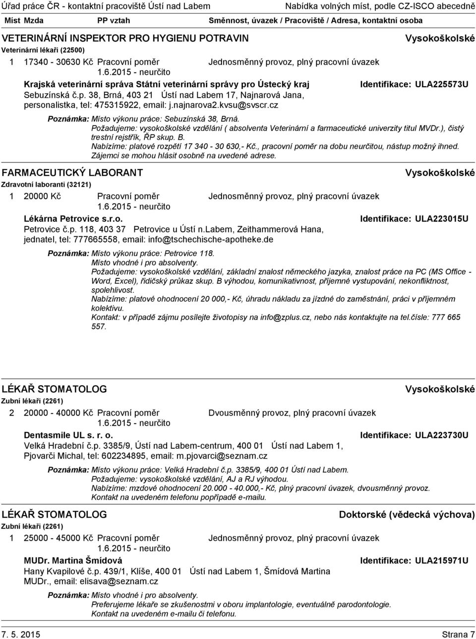 Požadujeme: vysokoškolské vzdělání ( absolventa Veterinární a farmaceutické univerzity titul MVDr.), čistý trestní rejstřík, ŘP skup. B. Nabízíme: platové rozpětí 7 340-30 630,- Kč.