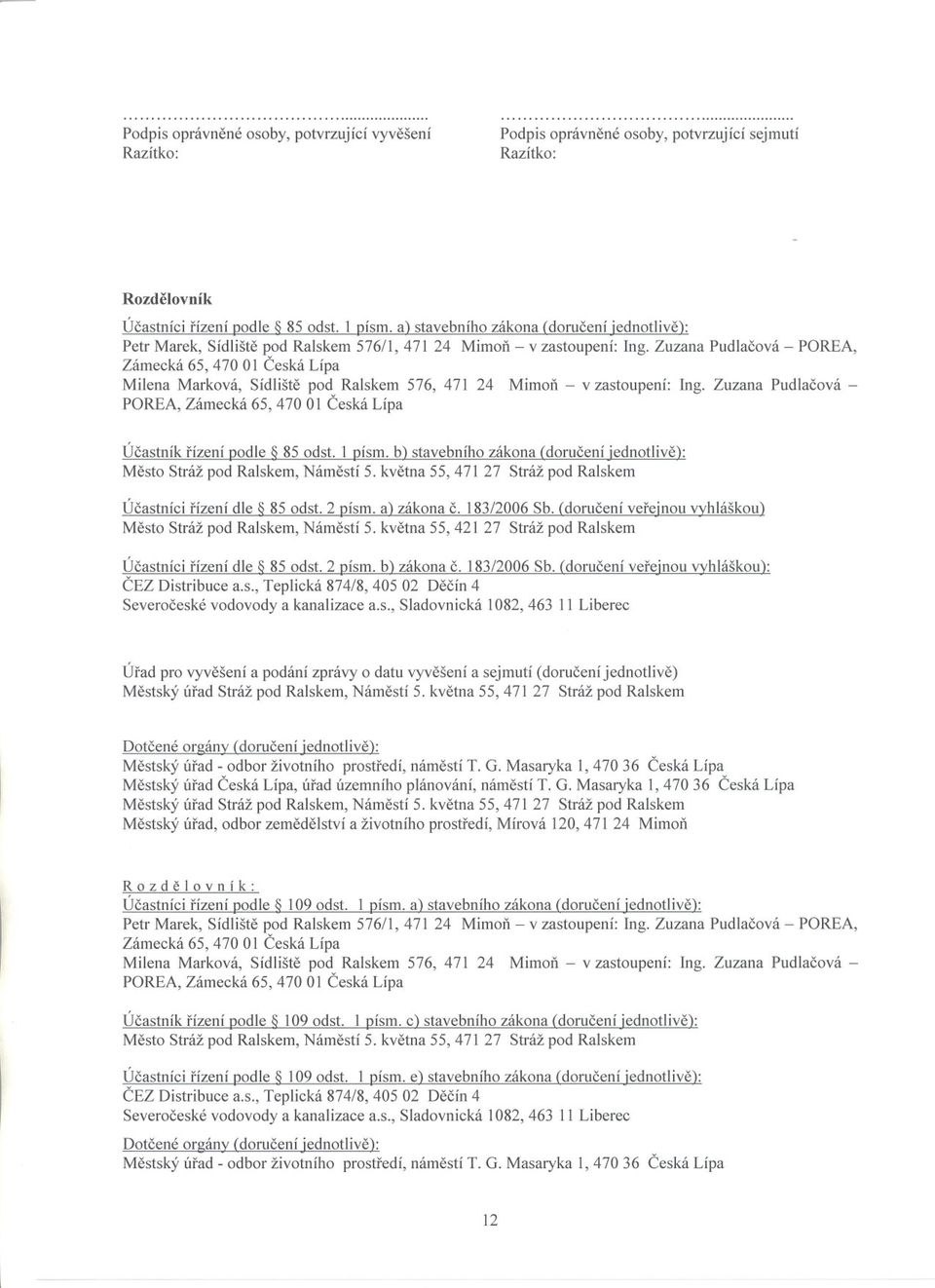 Zuzana Pudlacová - POREA, Zámecká 65, 470 01 Ceská Lípa Milena Marková, Sídlište pod Ralskem 576, 471 24 Mimon - v zastoupení: Ing.