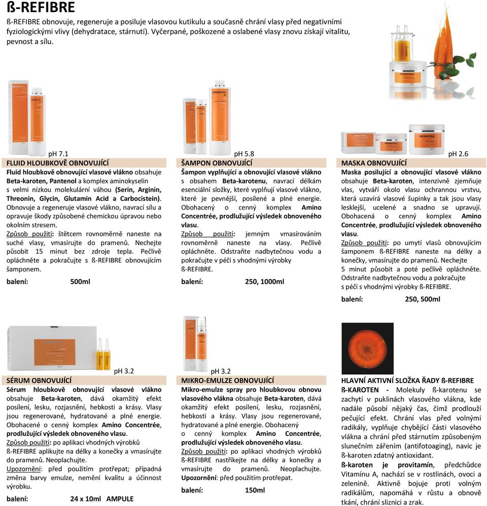 6 FLUID HLOUBKOVĚ OBNOVUJÍCÍ ŠAMPON OBNOVUJÍCÍ MASKA OBNOVUJÍCÍ Fluid hloubkově obnovující vlasové vlákno obsahuje Beta-karoten, Pantenol a komplex aminokyselin s velmi nízkou molekulární váhou