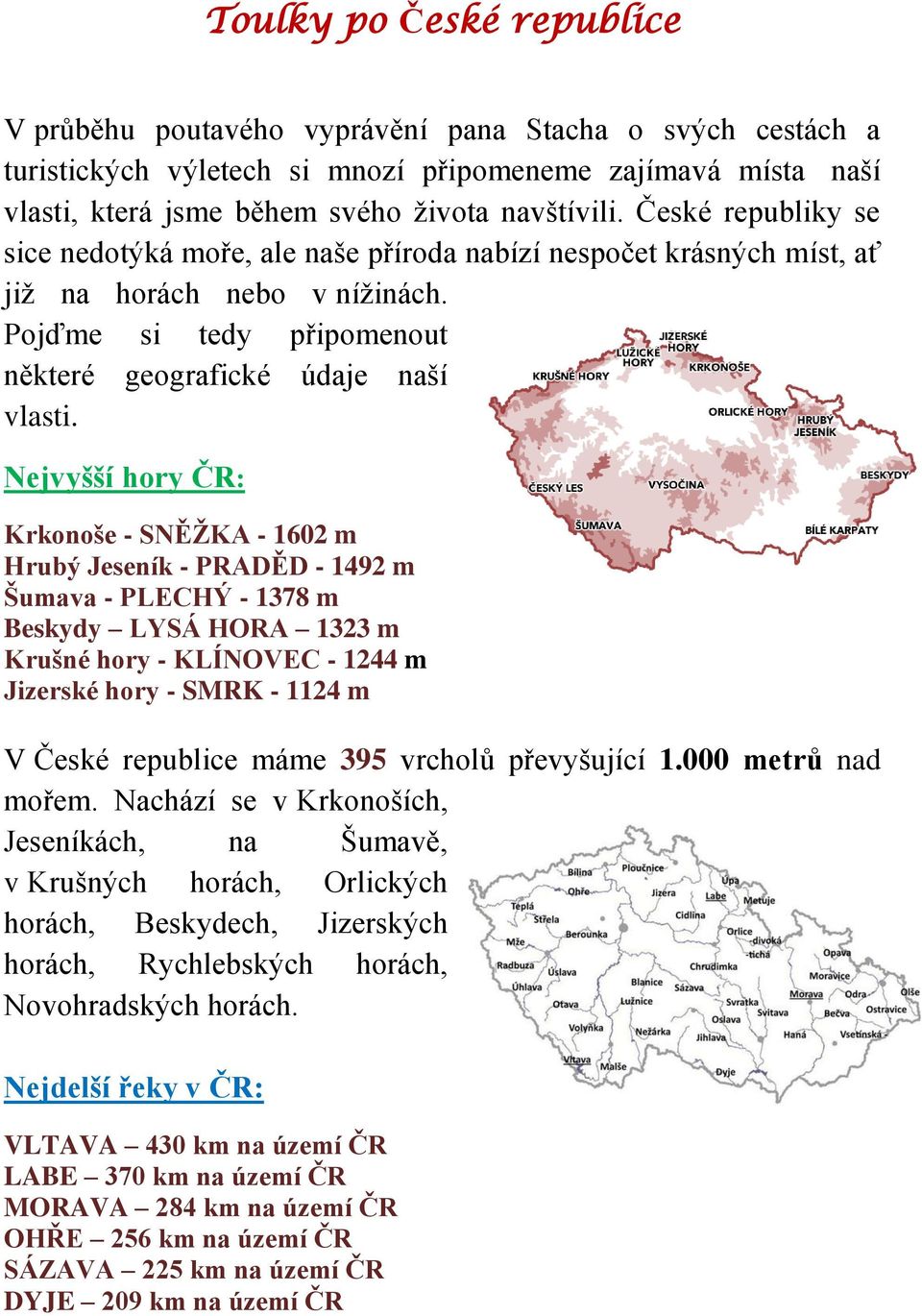 Nejvyšší hory ČR: Krkonoše - SNĚŽKA - 1602 m Hrubý Jeseník - PRADĚD - 1492 m Šumava - PLECHÝ - 1378 m Beskydy LYSÁ HORA 1323 m Krušné hory - KLÍNOVEC - 1244 m Jizerské hory - SMRK - 1124 m V České