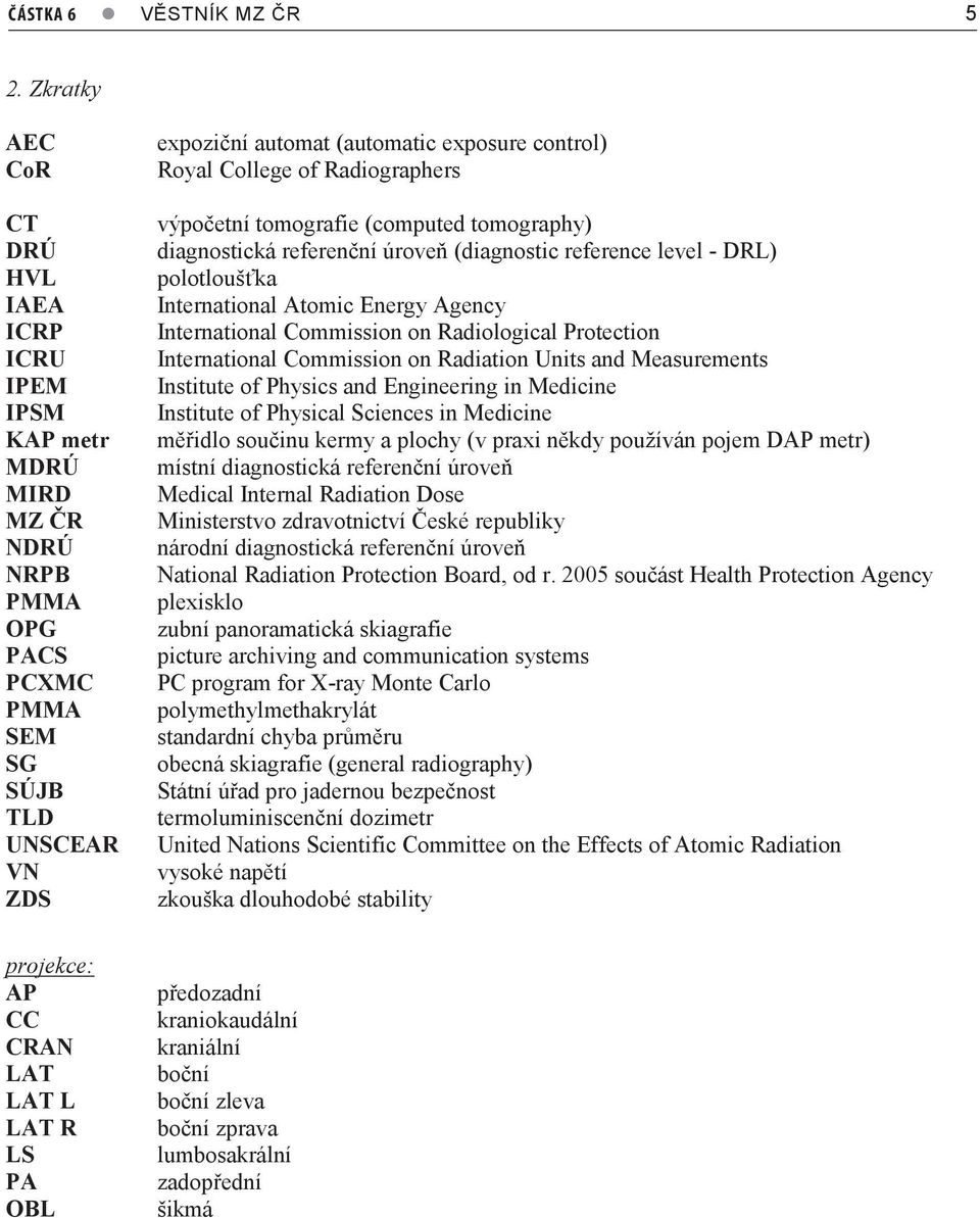 College of Radiographers výpočetní tomografie (computed tomography) diagnostická referenční úroveň (diagnostic reference level - DRL) polotloušťka International Atomic Energy Agency International