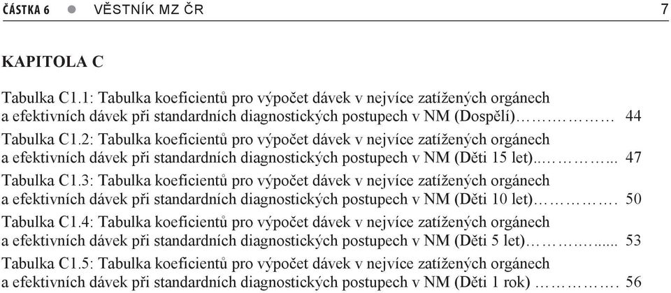 3: Tabulka koeficientů pro výpočet dávek v nejvíce zatížených orgánech a efektivních dávek při standardních diagnostických postupech v NM (Děti 10 let). 50 Tabulka C1.