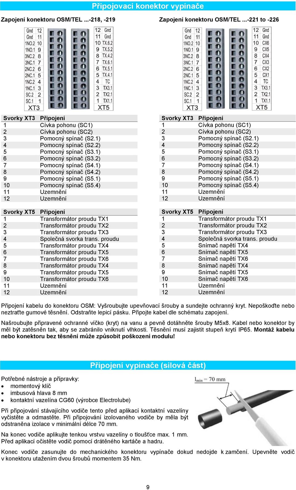 4) 11 Uzemnění 12 Uzemnění Svorky XT5 Připojení 1 Transformátor proudu TX1 2 Transformátor proudu TX2 3 Transformátor proudu TX3 4 Společná svorka trans.