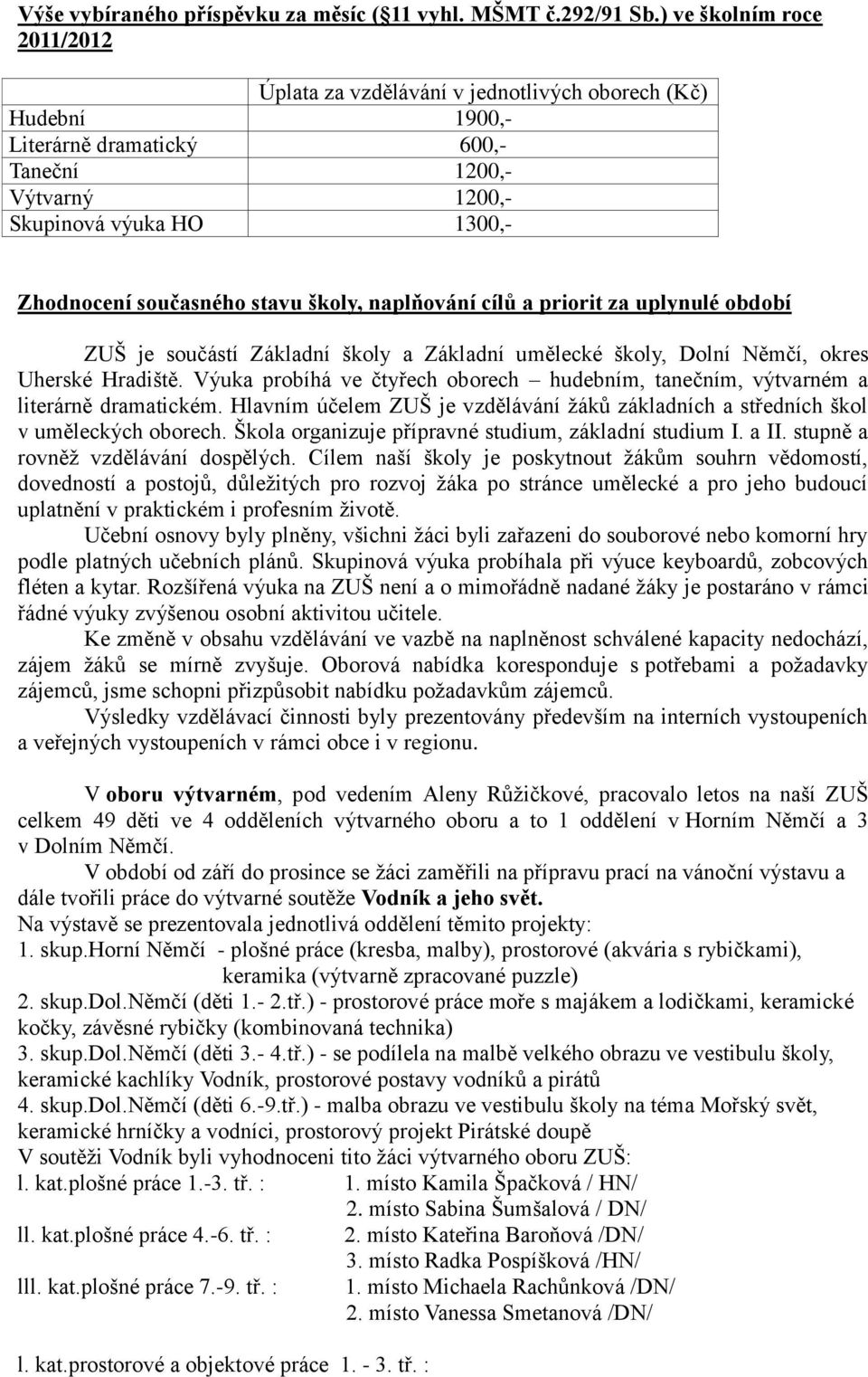 stavu školy, naplňování cílů a priorit za uplynulé období ZUŠ je součástí Základní školy a Základní umělecké školy, Dolní Němčí, okres Uherské Hradiště.