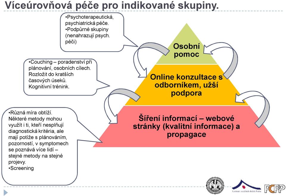 Osobní pomoc Online konzultace s odborníkem, užší podpora Různá míra obtíží.