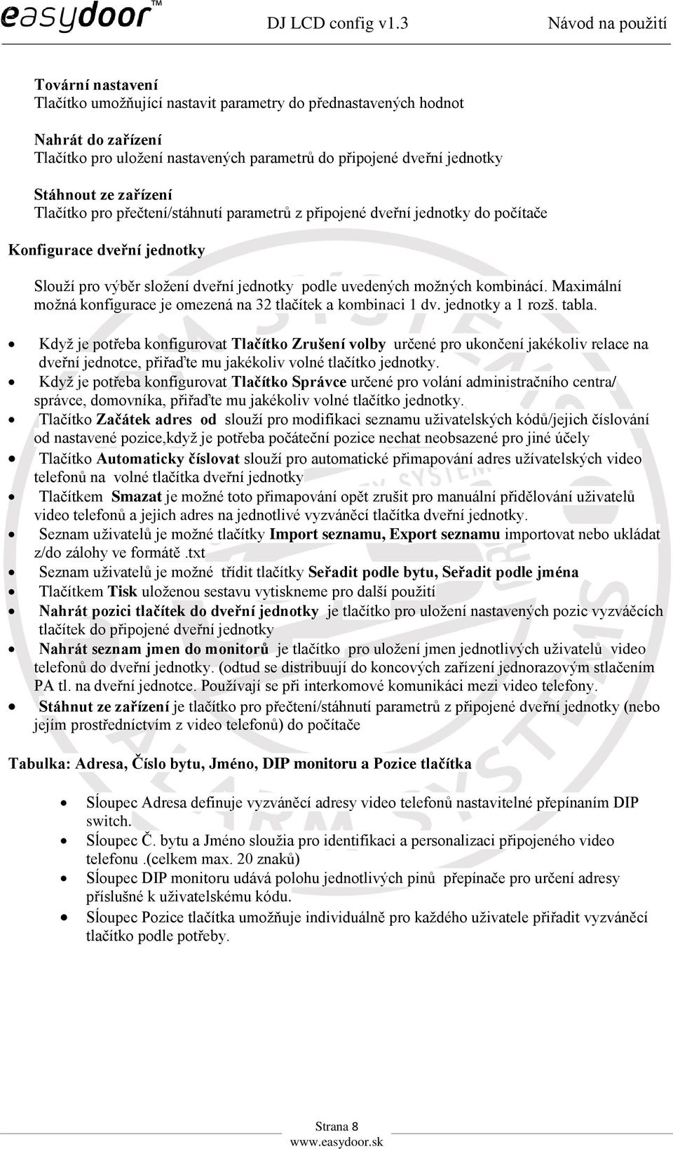 Maximální možná konfigurace je omezená na 32 tlačítek a kombinaci 1 dv. jednotky a 1 rozš. tabla.