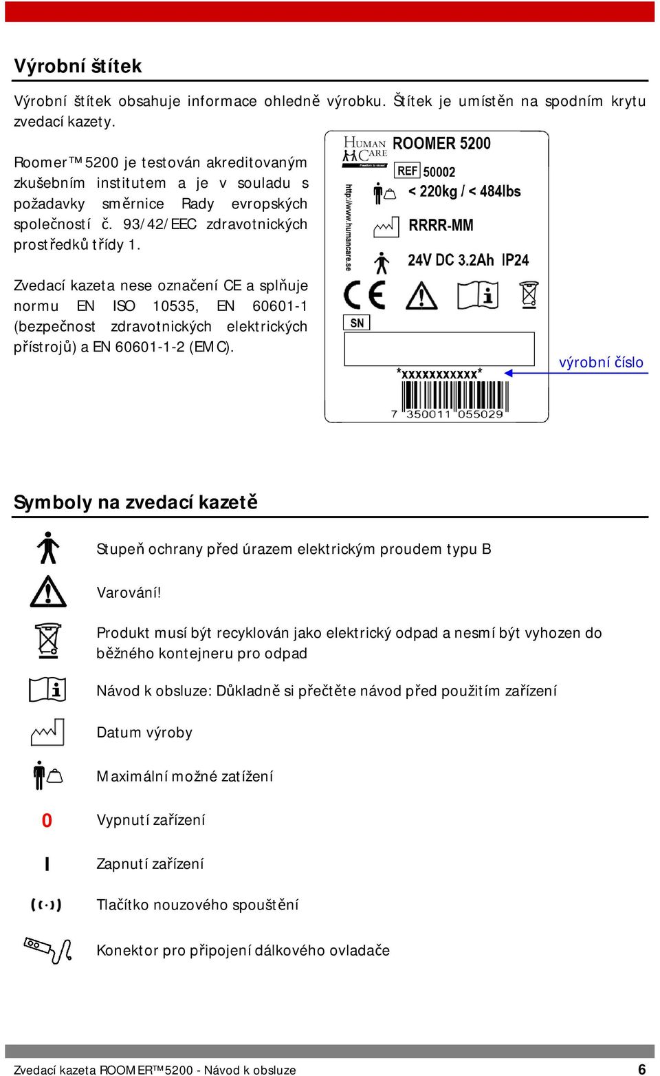 Zvedací kazeta nese označení CE a splňuje normu EN ISO 10535, EN 60601-1 (bezpečnost zdravotnických elektrických přístrojů) a EN 60601-1-2 (EMC).