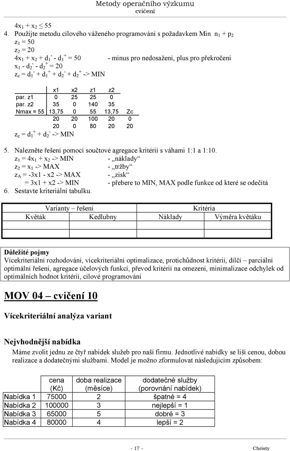 x z z par. z 5 5 par. z 35 4 35 Nmax = 55 3,75 55 3,75 Zc 8 z c = d + + d - -> MIN 5. Nalezněte řešení pomocí součtové agregace kritérií s váhami : a :.