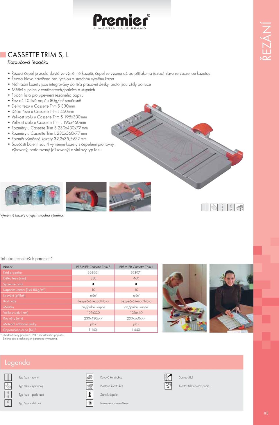 80g/m 2 současně Délka řezu u Cassette Trim S 330 mm Délka řezu u Cassette Trim L 460 mm Velikost stolu u Cassette Trim S 195x330 mm Velikost stolu u Cassette Trim L 195x460 mm Rozměry u Cassette