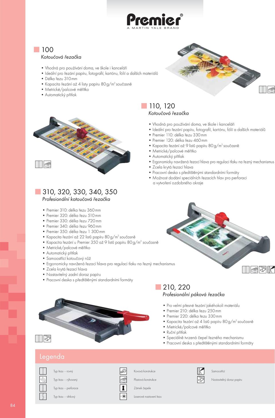 materiálů Premier 110: délka řezu 330 mm Premier 120: délka řezu 460 mm Kapacita řezání až 9 listů papíru 80 g/m 2 současně Automatický přítlak Ergonomicky navržená řezací pro regulaci tlaku na řezný