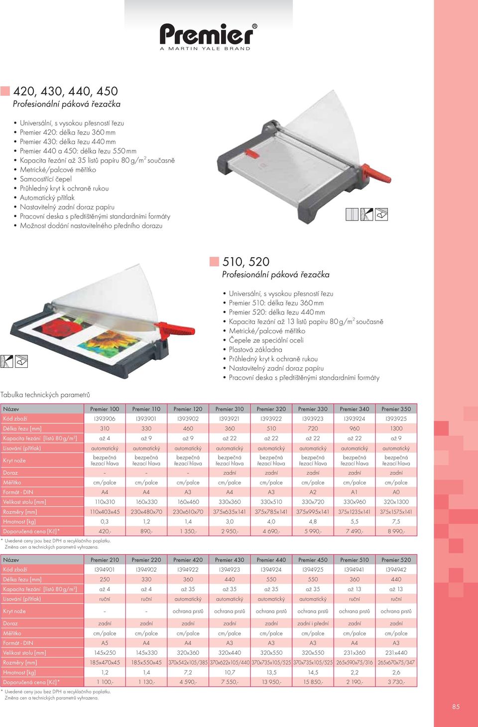 Možnost dodání nastavitelného předního dorazu 510, 520 Profesionální páková řezačka Universální, s vysokou přesností řezu Premier 510: délka řezu 360 mm Premier 520: délka řezu 440 mm Kapacita řezání