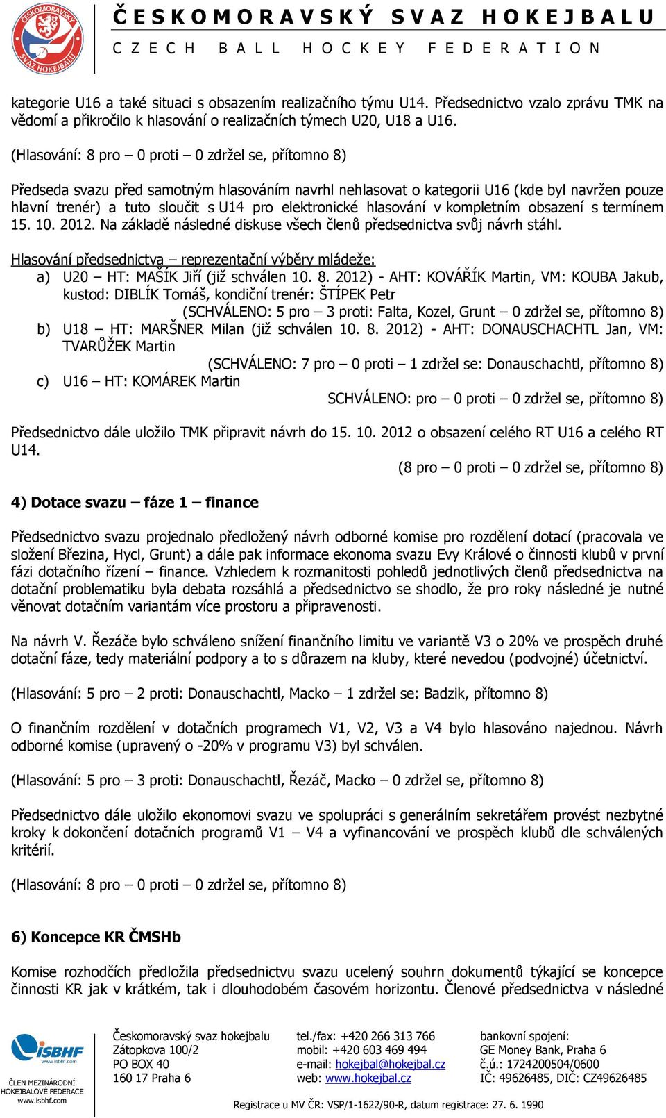 2012. Na základě následné diskuse všech členů předsednictva svůj návrh stáhl. Hlasování předsednictva reprezentační výběry mládeže: a) U20 HT: MAŠÍK Jiří (již schválen 10. 8.