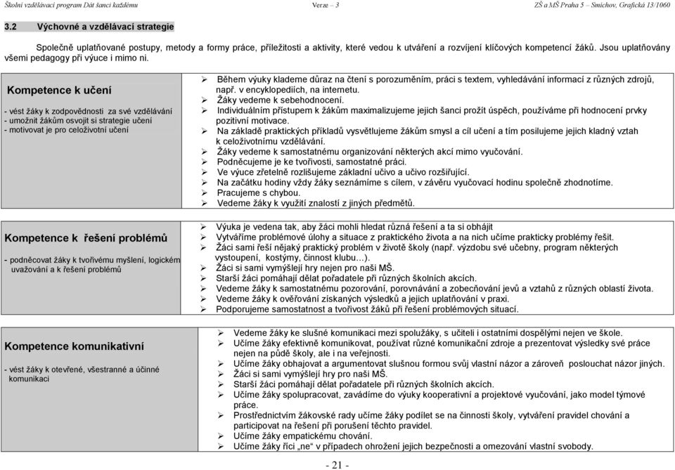 Kompetence k učení - vést ţáky k zodpovědnosti za své vzdělávání - umoţnit ţákům osvojit si strategie učení - motivovat je pro celoţivotní učení Kompetence k řešení problémů - podněcovat ţáky k