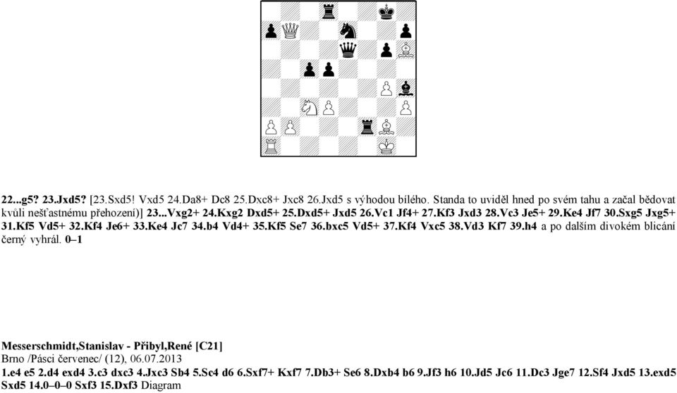 Kf5 Vd5+ 32.Kf4 Je6+ 33.Ke4 Jc7 34.b4 Vd4+ 35.Kf5 Se7 36.bxc5 Vd5+ 37.Kf4 Vxc5 38.Vd3 Kf7 39.h4 a po dalším divokém blicání černý vyhrál.
