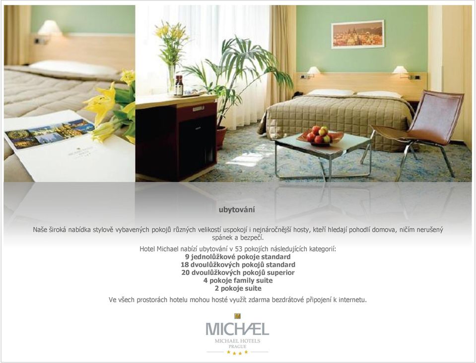 Hotel Michael nabízí ubytování v 53 pokojích následujících kategorií: 9 jednolůžkové pokoje standard 18